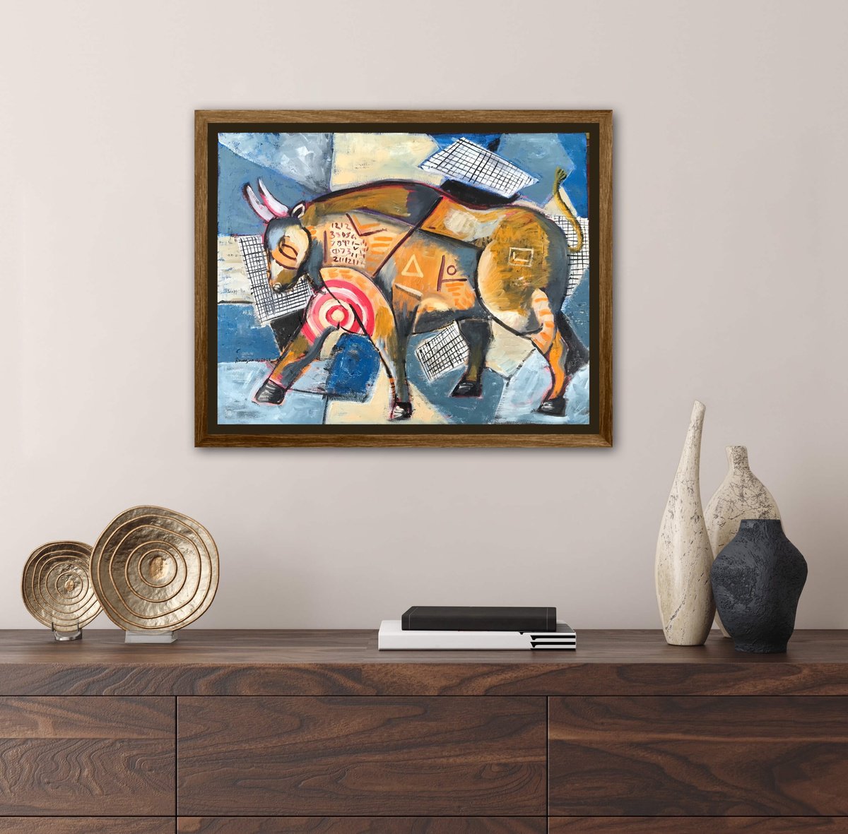Geometric Animal Oil Painting By Roberto Munguia Garcia, 20 X 15", Target Bull, Original Artwork