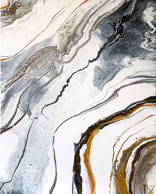 Fire and water waves. Gold White Abstract painting. by Marina Skromova