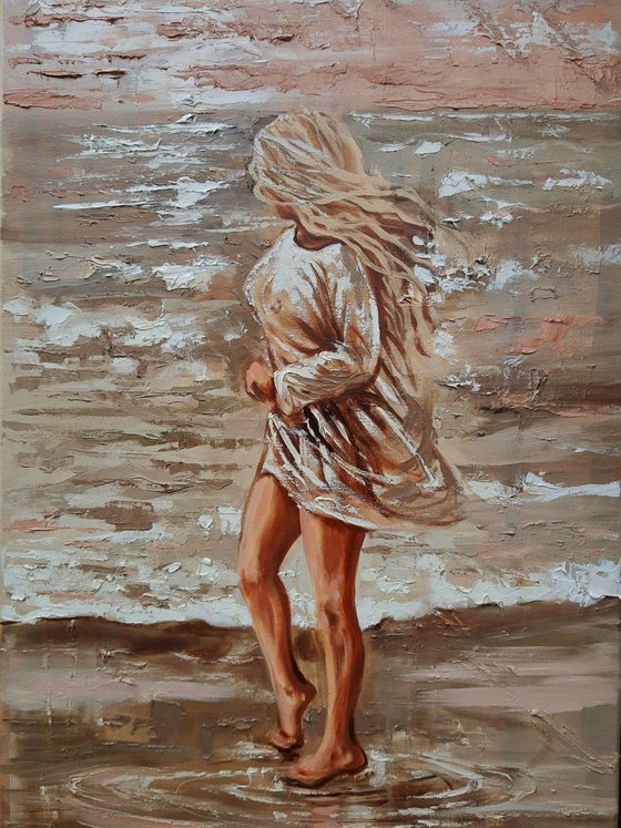 " BY THE SEA ... "  SUN SKY SEA SAND liGHt  ORIGINAL OIL PAINTING, GIFT, PALETTE KNIFE