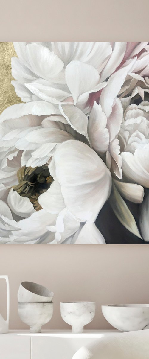 "Golden Silk Peonies" White gold peonies art by Olha
