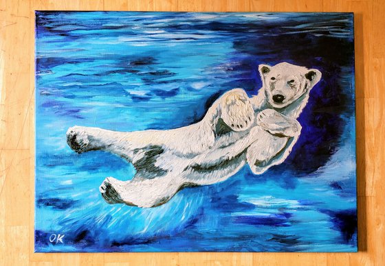 Polar bear 🐻‍❄️ , size 81 x 61 cm ( 32 x 24 inches)cute animal, turquoise, deep blue, ultramarine