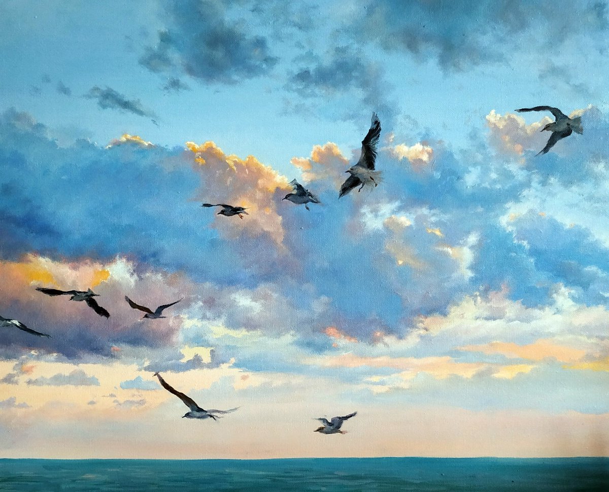 Sunset with seagulls by Elvira Sultanova