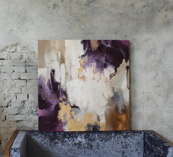 "Flood" Purple beige gold abstract art