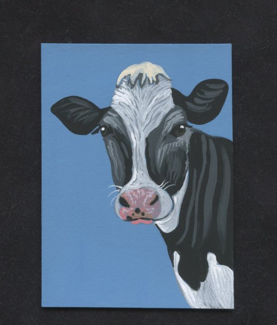 ACEO ATC Original Miniature Painting Black White Cow Farmyard Art-Carla Smale