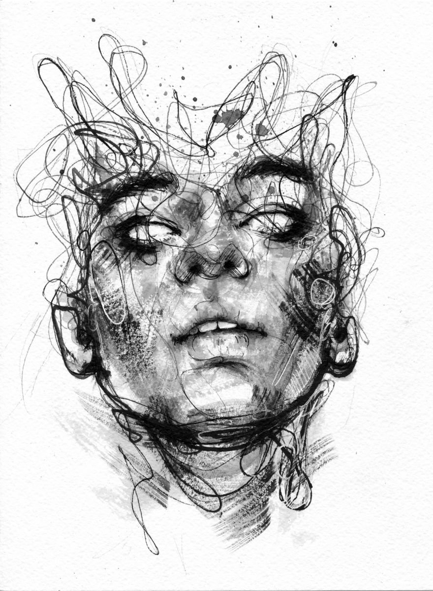Abstract Portrait Ink Drawing By Doriana Popa, 7 X 9, Mindless, Original Artwork