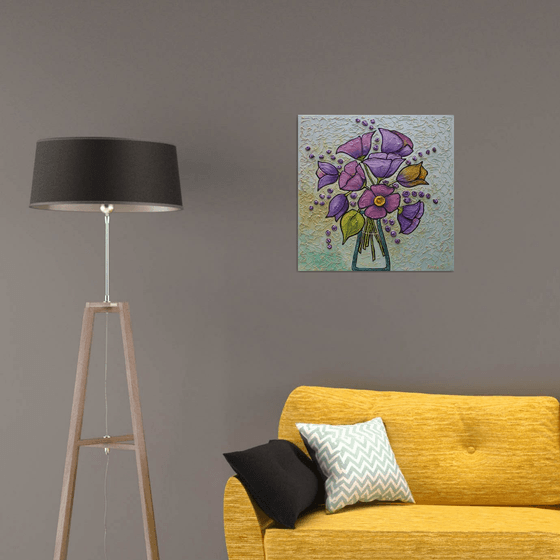 Purple Tulips Painting, Bouquet of Flowers, Modern Textured Floral Art