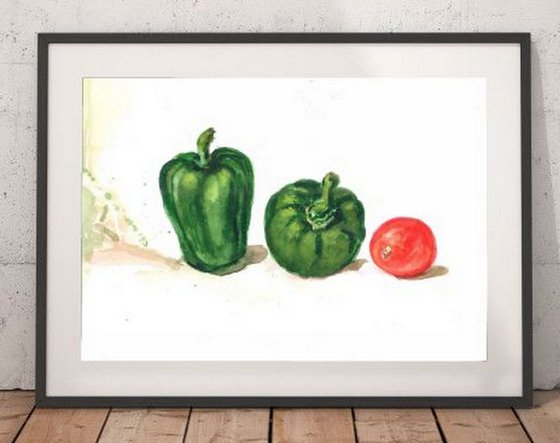 Still life with capsicums and tomato