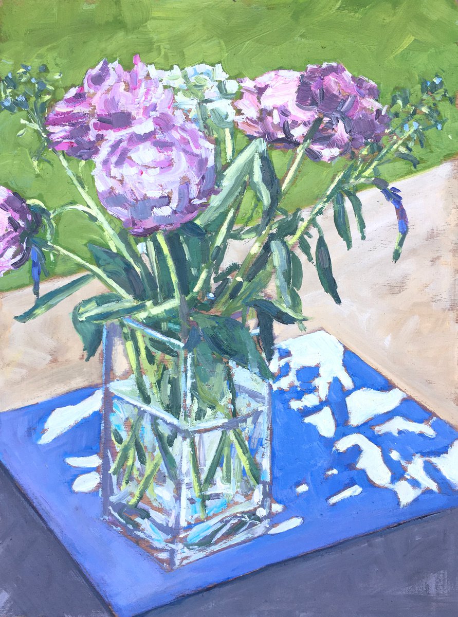 Peonies in a glass vase by Louise Gillard