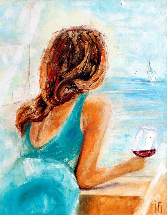 My Summer, Original Oil Painting Palette Knife Girl Window Sea 40x50 cm ready to hang