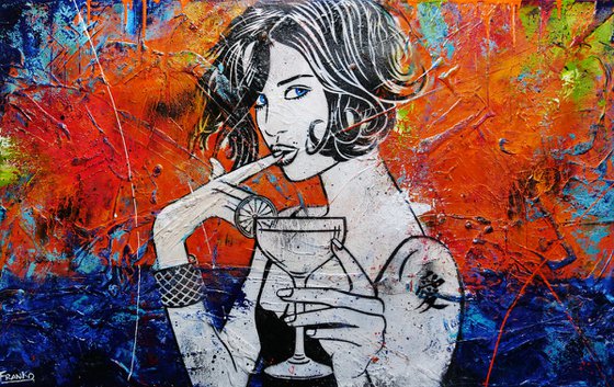 Blue Cocktails 160cm x 100cm Cocktail Girl Textured Urban Pop Art