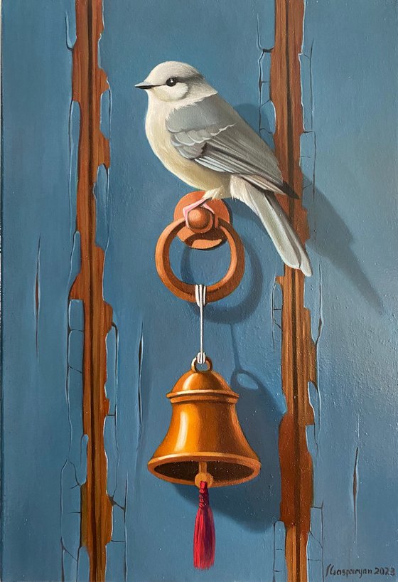 Still life with bird and bell (24x35cm, oil painting, ready to hang)