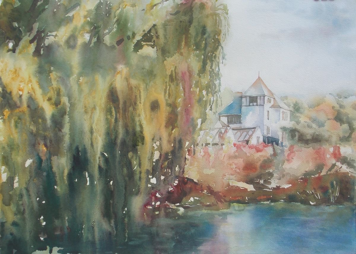 Impressionistic Landscape Watercolour By Yurii Pashkov, 28 X 20", Willow On The Pond, Original Artwork