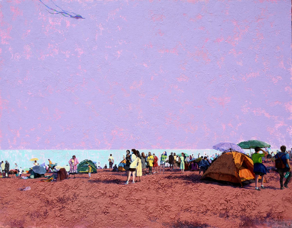 Impressionistic Landscape Oil Painting By Jianzhe Chon, 71 X 55, Vacation On The Beach 01, Original Artwork