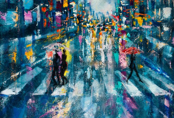 "Street of the night city" people with umbrella , original oil painting