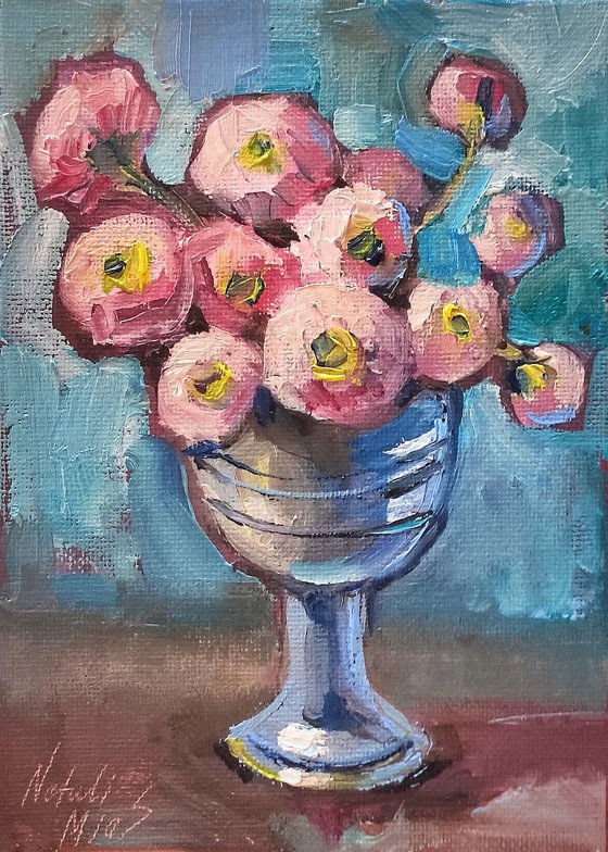 Pink Blossoms in a Silver Vase