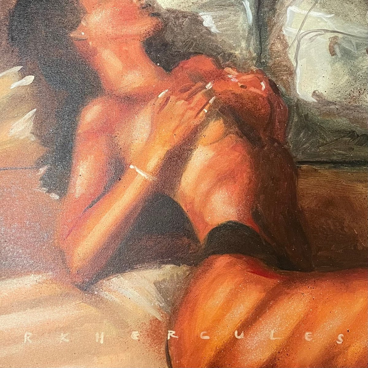 Body language, woman in underwear laying in sunbeam on bed by Renske Karlien Hercules