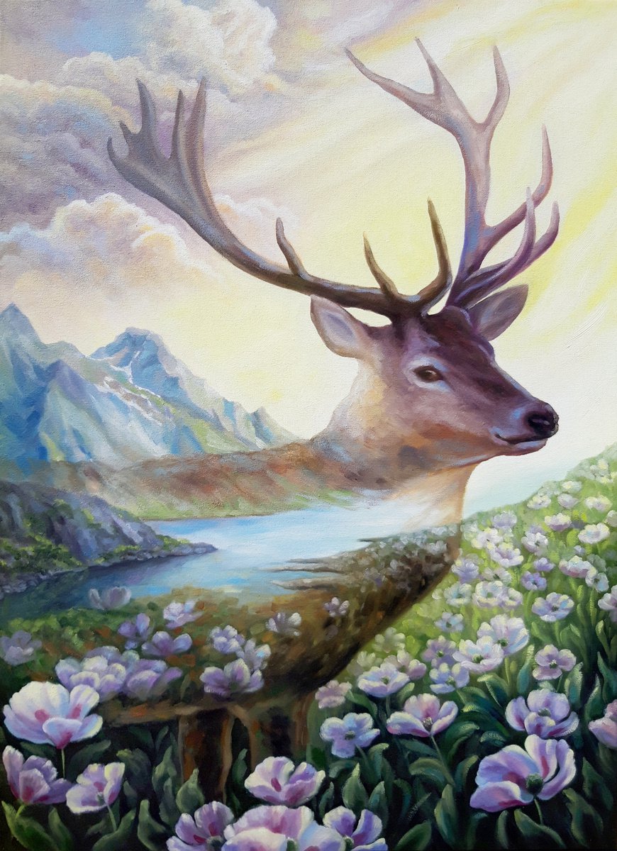 A touch of nature, oil deer painting, mixed media nature art by Anna Steshenko
