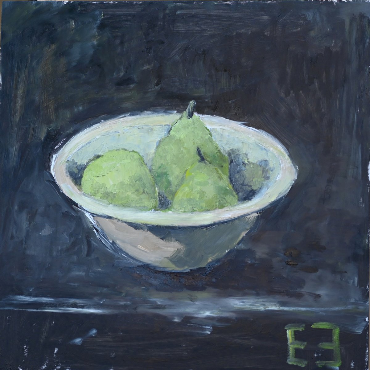 Impressionistic Still Life Oil Painting By Elena Zapassky, 16 X 16, Green Pears, Original Artwork