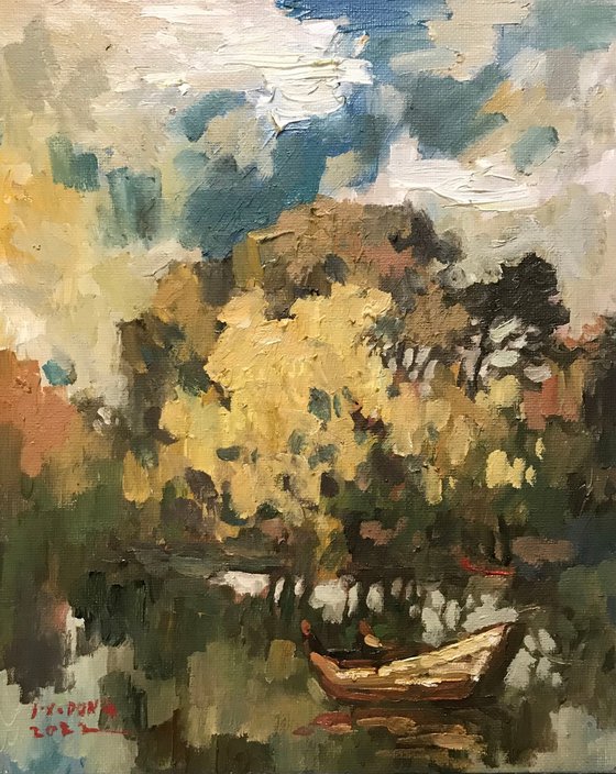 Original Oil Painting Wall Art Signed unframed Hand Made Jixiang Dong Canvas 25cm × 20cm Landscape Mesopotamia Riverside Oxford Small Impressionism Impasto