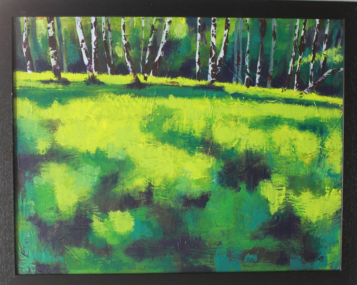 Impressionistic Landscape Acrylic Painting By Phil Randles, 24 X 19", Silver Birch On The Crest, Original Artwork