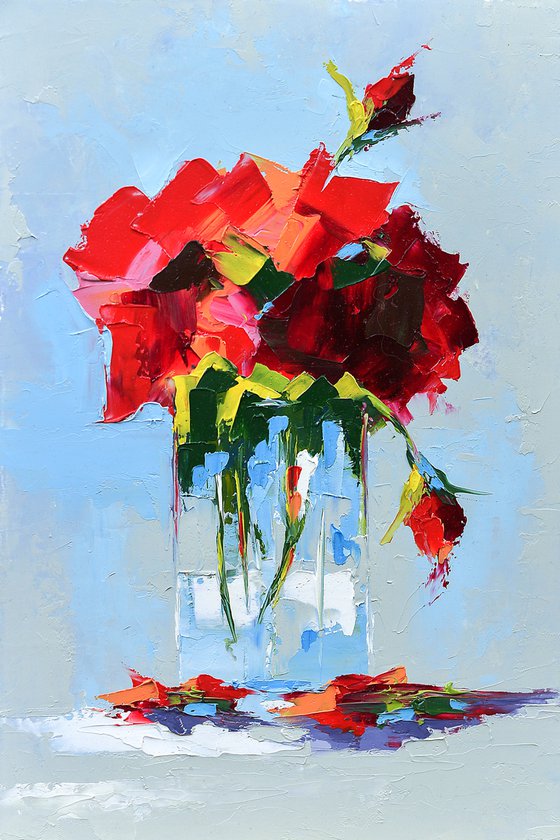 Modern still life oil painting. Abstract red flowers