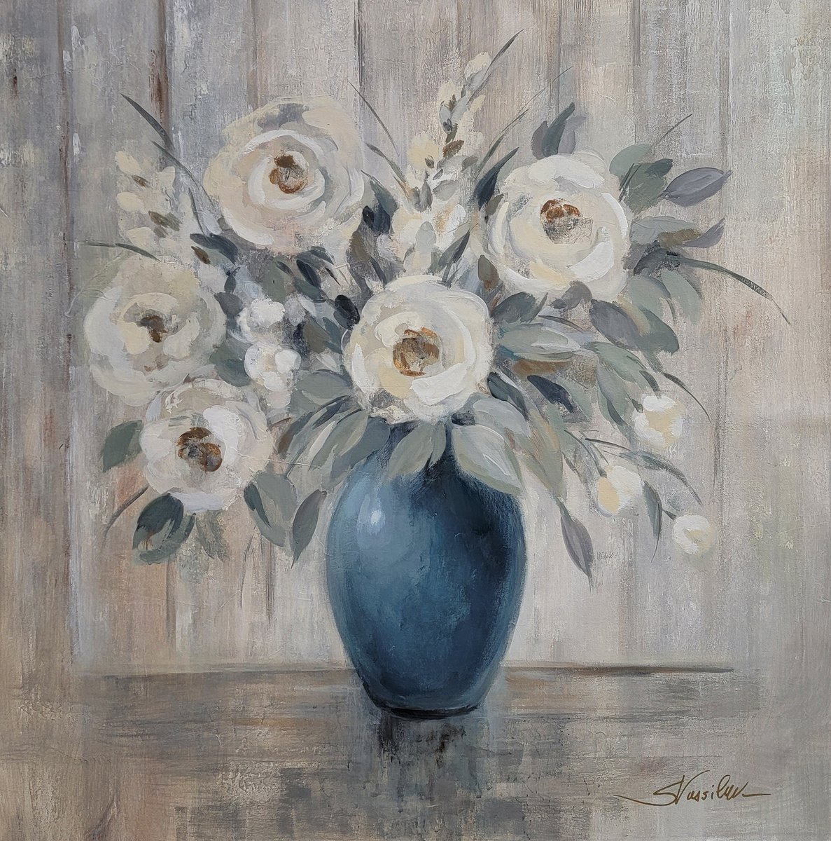 Expressive Still Life Acrylic Painting By Silvia Vassileva, 36 X 36", Gray Barn Bouquet, Original Artwork