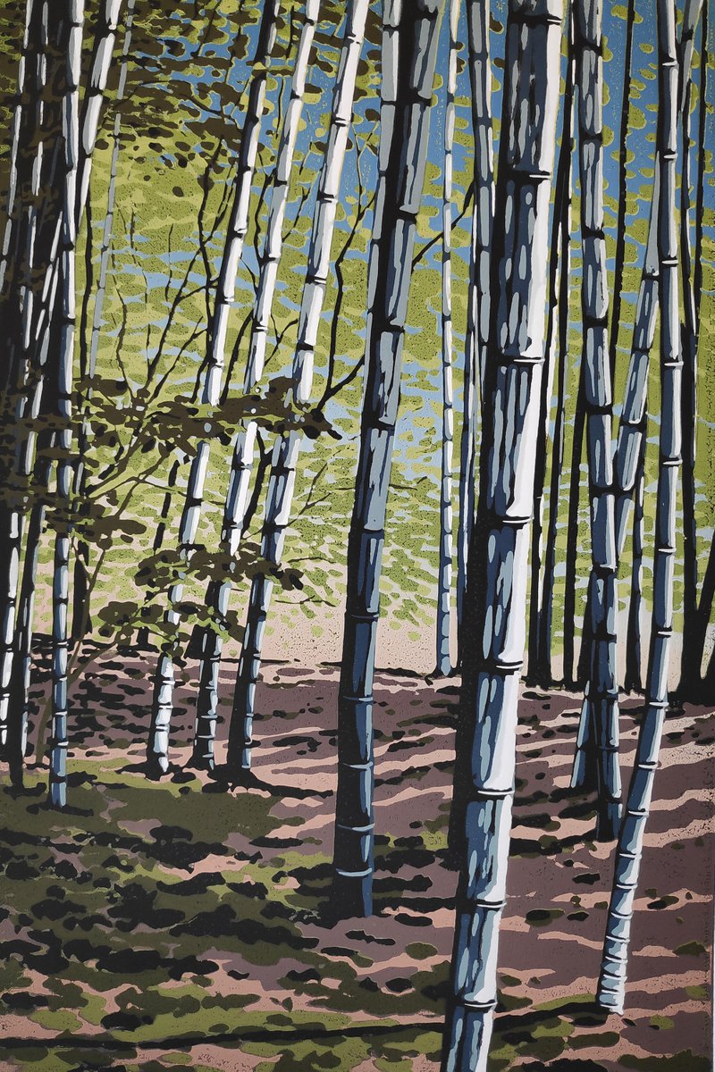 Impressionistic Landscape Linocut By Alexandra Buckle, 10 X 14, Bamboo Shade, Original Artwork