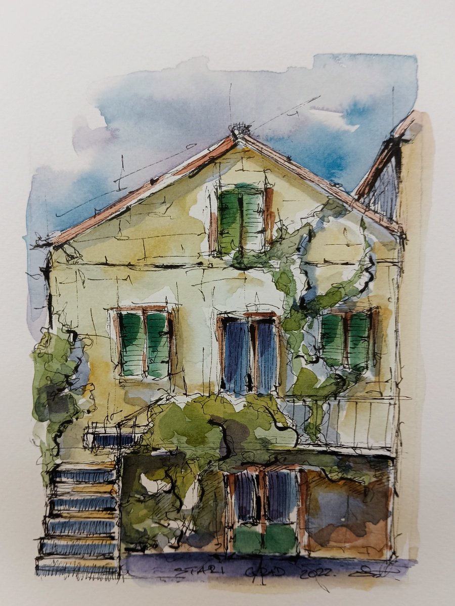 Old house on island Hvar. Adriatis sea. Urban sketch by Marinko Saric
