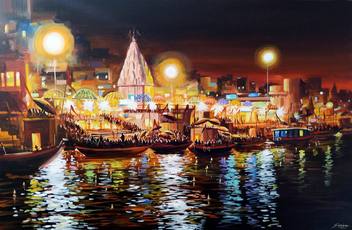 Impressionistic Cityscapes Acrylic Painting By Samiran Sarkar, 38 X 25", Beauty Of Night Varanasi Ghats, Original Artwork