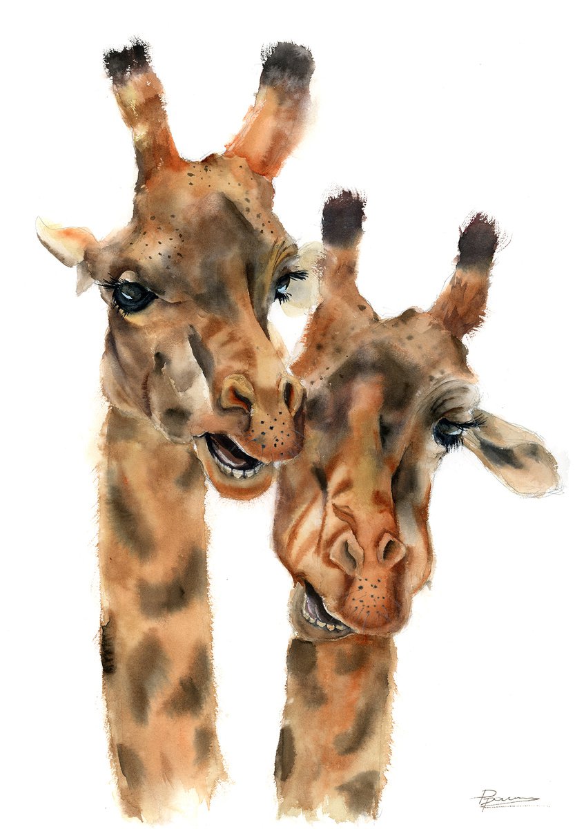 Impressionistic Animal Watercolour By Olga Tchefranov (Shefranov), 14 X 20", Pair Of Giraffes, Original Artwork