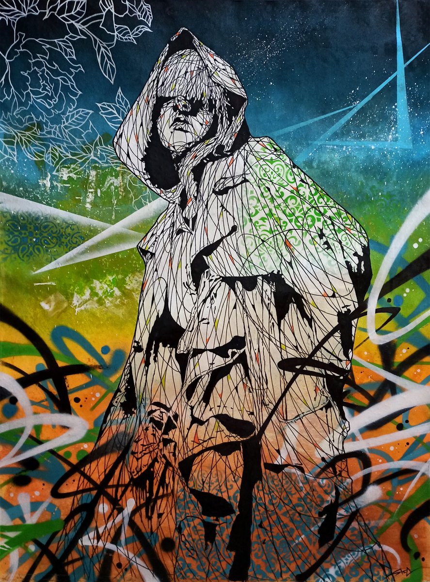 Urban And Pop Portrait Painting By Sisc, 35 X 46", Skyline, Original Artwork