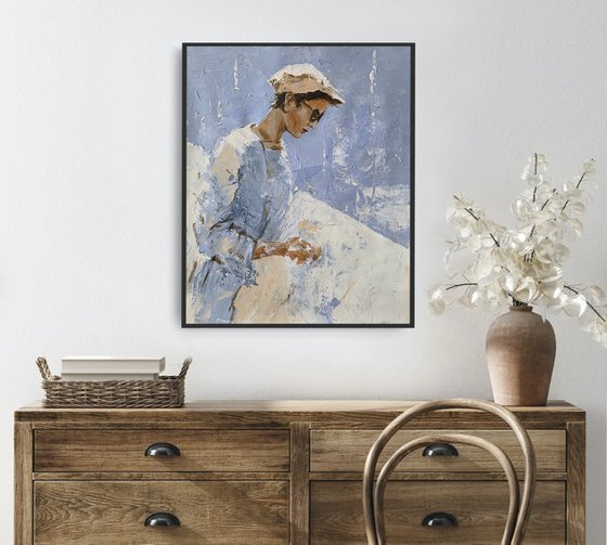 Quiet woman in Blue.