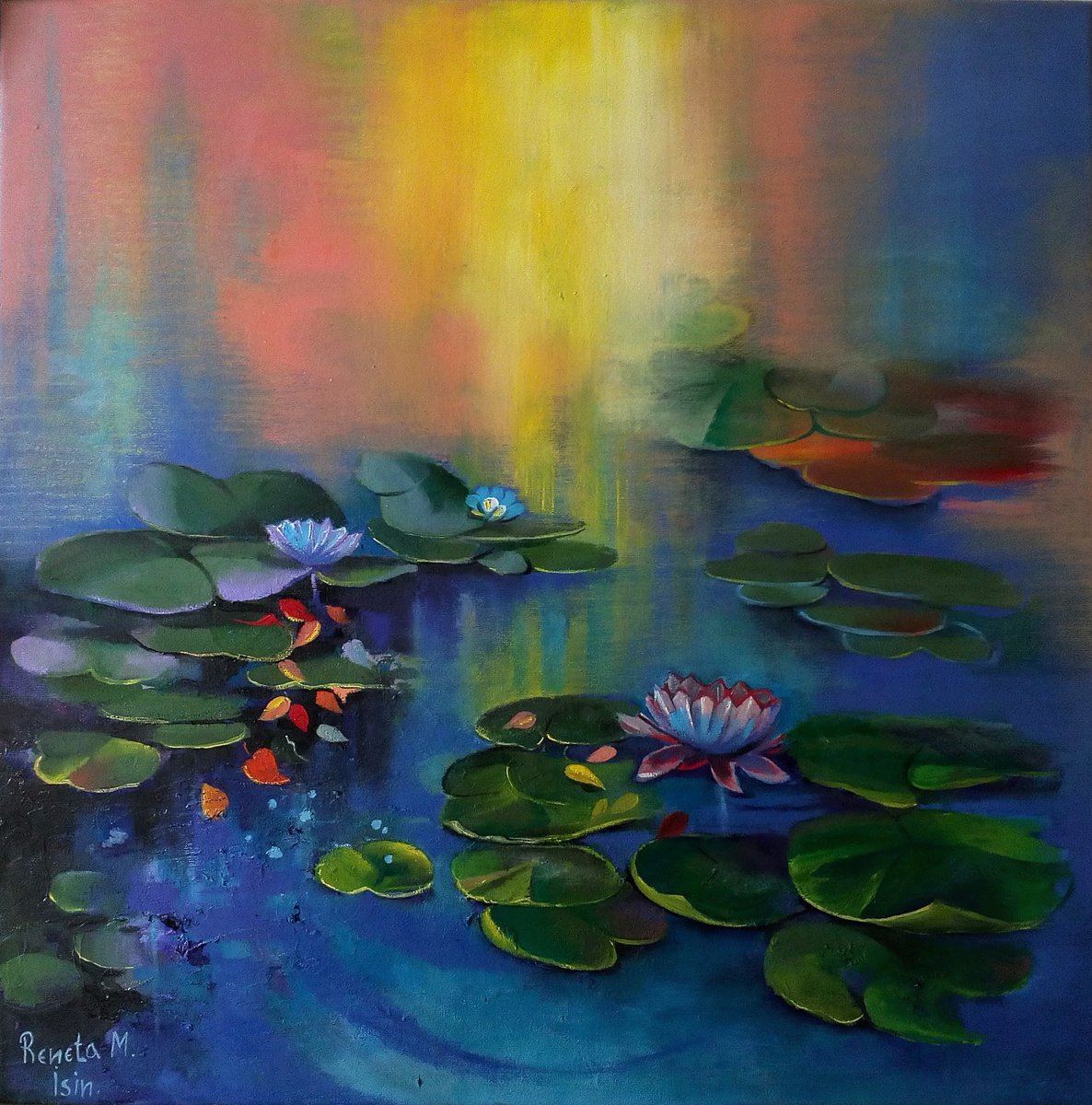 Impressionistic Botanical Oil Painting By Reneta Isin, 31 X 31", " Water Lilies ", Original Artwork