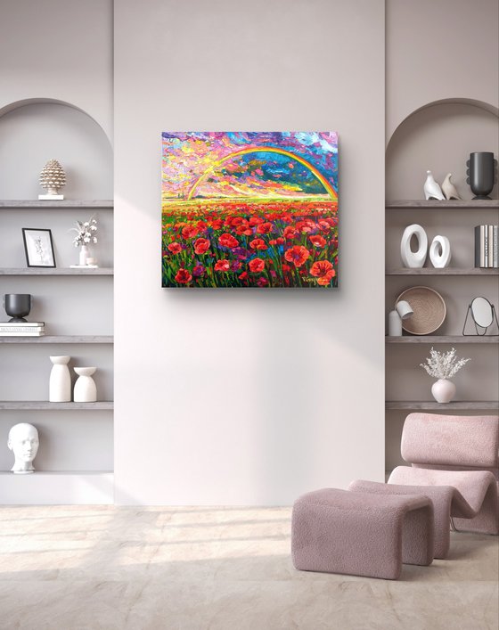 Rainbow on the poppies field