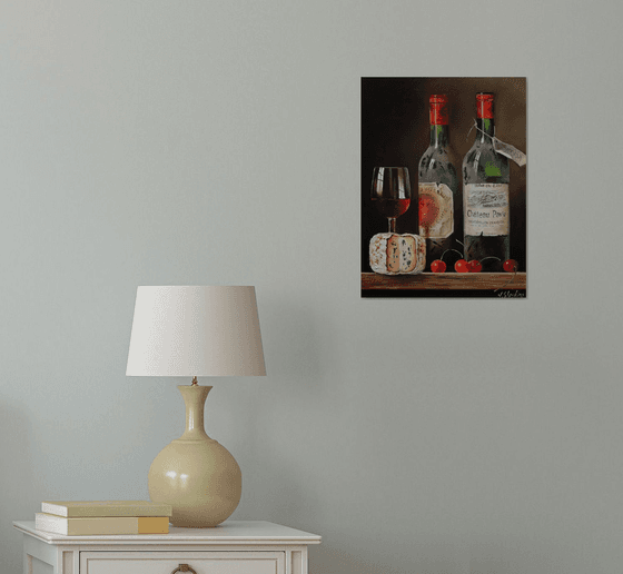 Winery Art, Bottle of Wine with Wine Glass