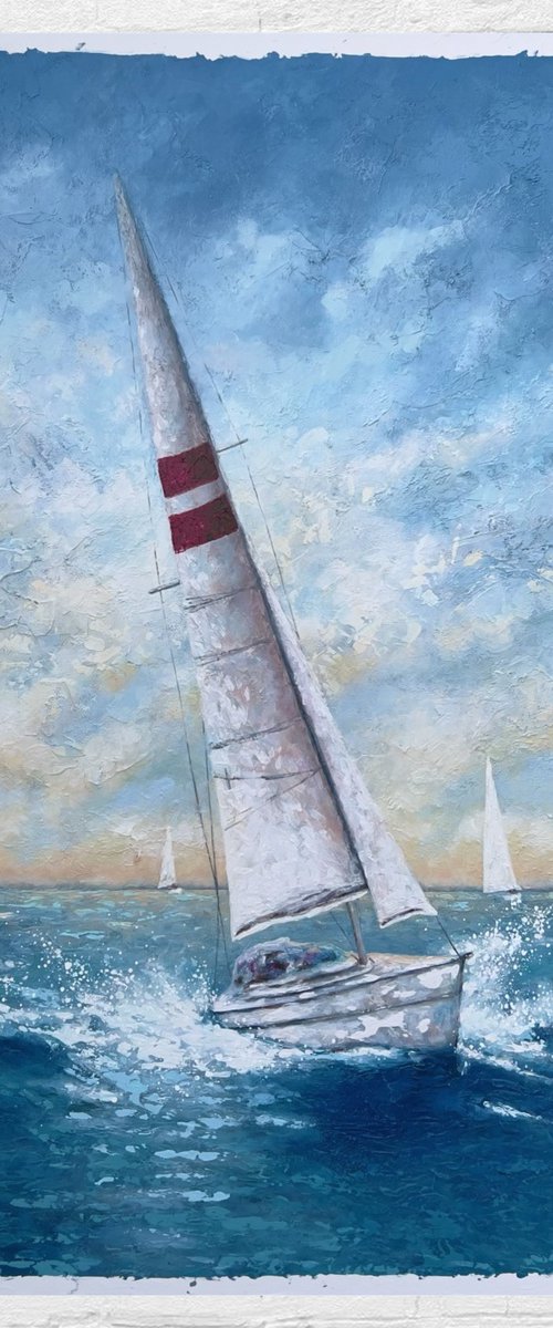 “SEASCAPE #18 WITH SAILBOATS” by Lisbeth Ascanio