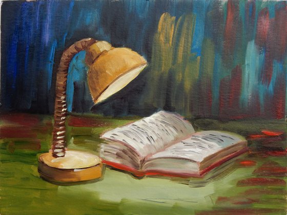 Still life oil painting with a book.