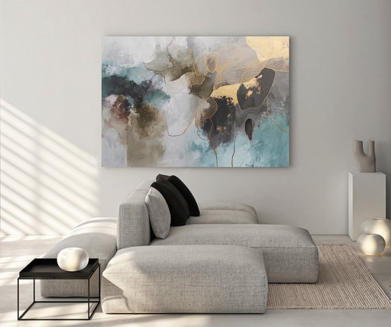 "Twinkle" Teal gold abstract acrylic art