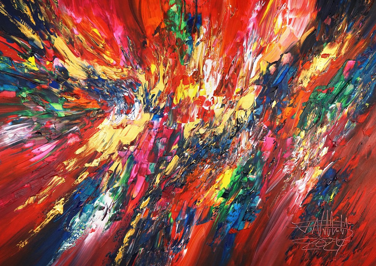 Abstract Acrylic Painting By Peter Nottrott, 47 X 33", Daydream Red And Gold M 1, Original Artwork