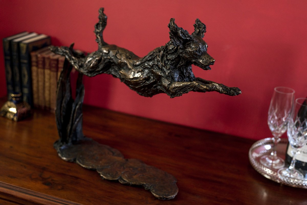 Animal Bronze Sculpture By Tanya Russell, 20 X 16", Leaping Spaniel Fb, Original Artwork