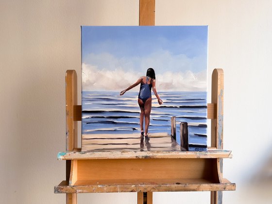 Girl on the Pier - Female Figure in Swimsuit Painting