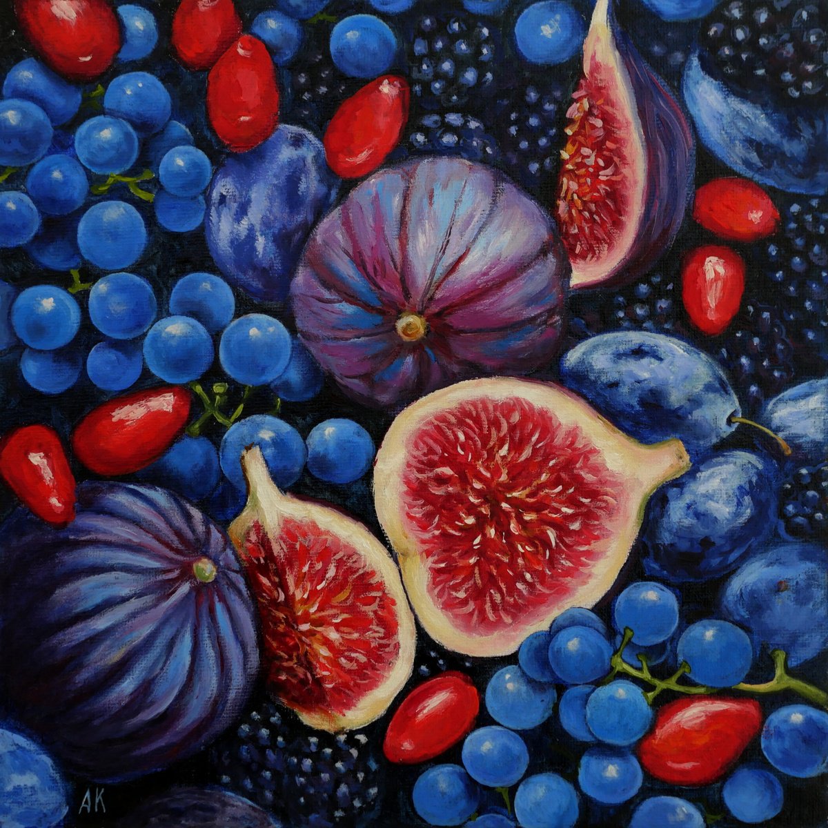 Photorealistic Still Life Oil Painting By Alfia Koral, 10 X 10, Blue Fruits, Original Artwork