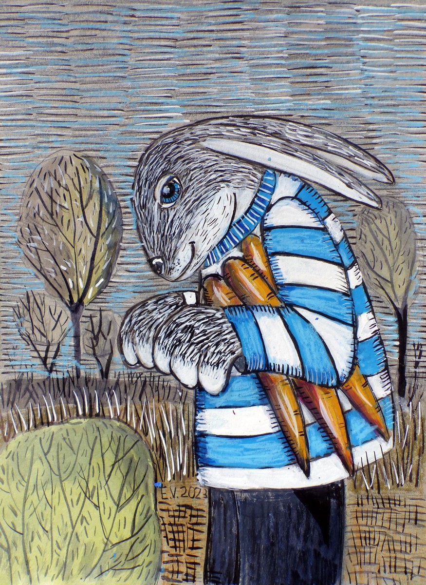 Naive Animal Painting By Elizabeth Vlasova, 11 X 14, Bunny Dinner, Original Artwork