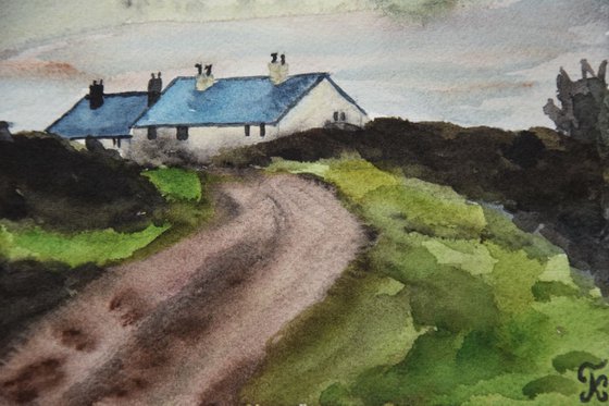 England rainy landscape original watercolor painting, Seascape with houses