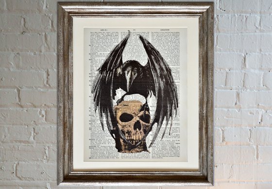 Edgar Allan Poe Raven Skull - Collage Art Print on Large Real English Dictionary Vintage Book Page