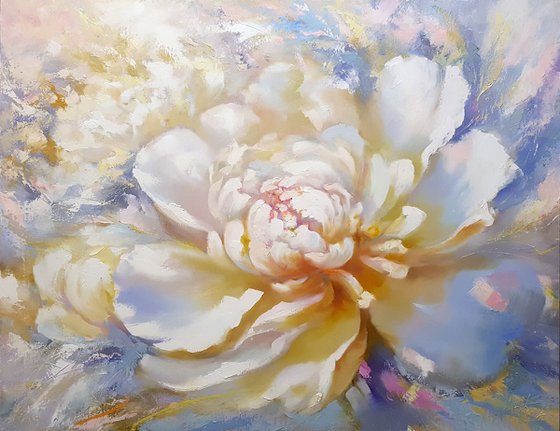 Peonies in rays sun, relief oil painting