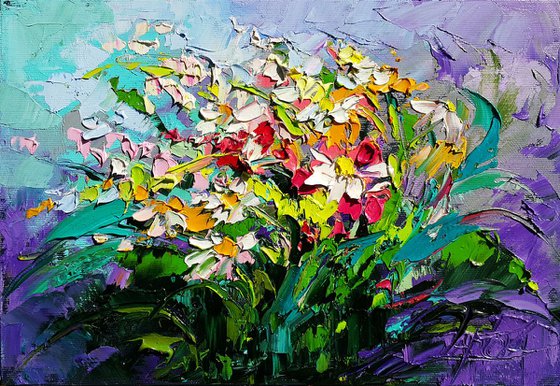 Bouquet of wild flowers - original abstract oil still life with flowers painting