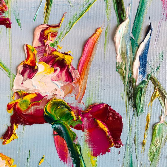 MORNING IRISES - Blooming irises. Red flowers. Summer landscape. Saturated colors. Fancy petals. Greenery. Beauty of nature. Palette knife.