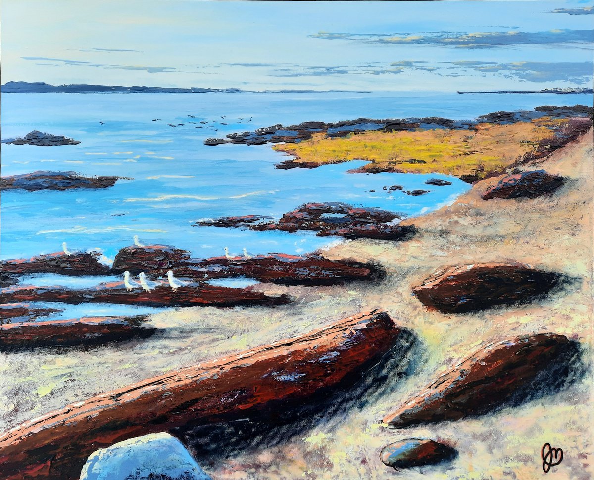 Expressive Landscape Acrylic Painting By Jules Morissette, 20 X 16", Pointe-Au-Orignaux Beach, #235, Original Artwork