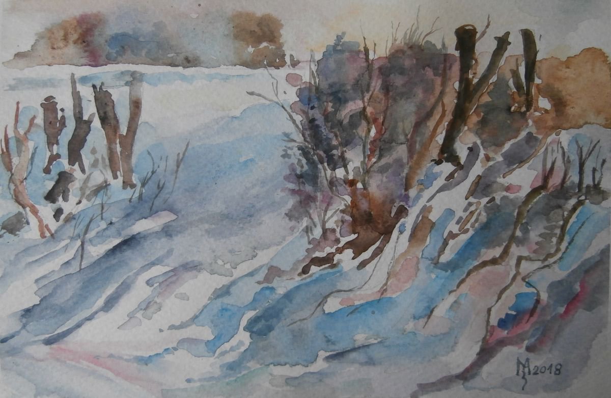 Impressionistic Watercolour , Winter Landscape By Zoran Mihajlovic Muza, 8 X 5, Artwork For Sale On Artfinder